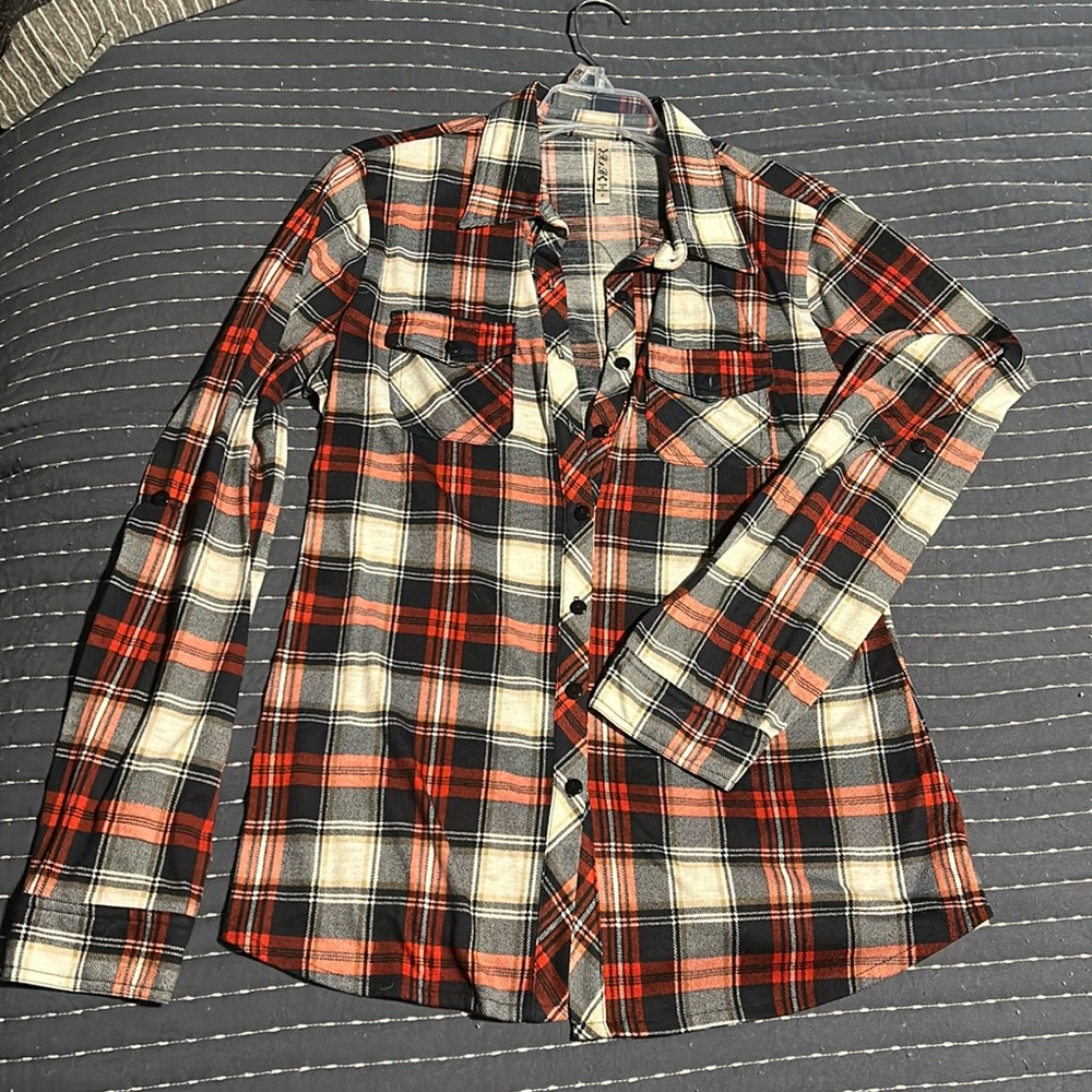 Soft plaid button up shirt. Juniors large. Red, white, blue, gold.